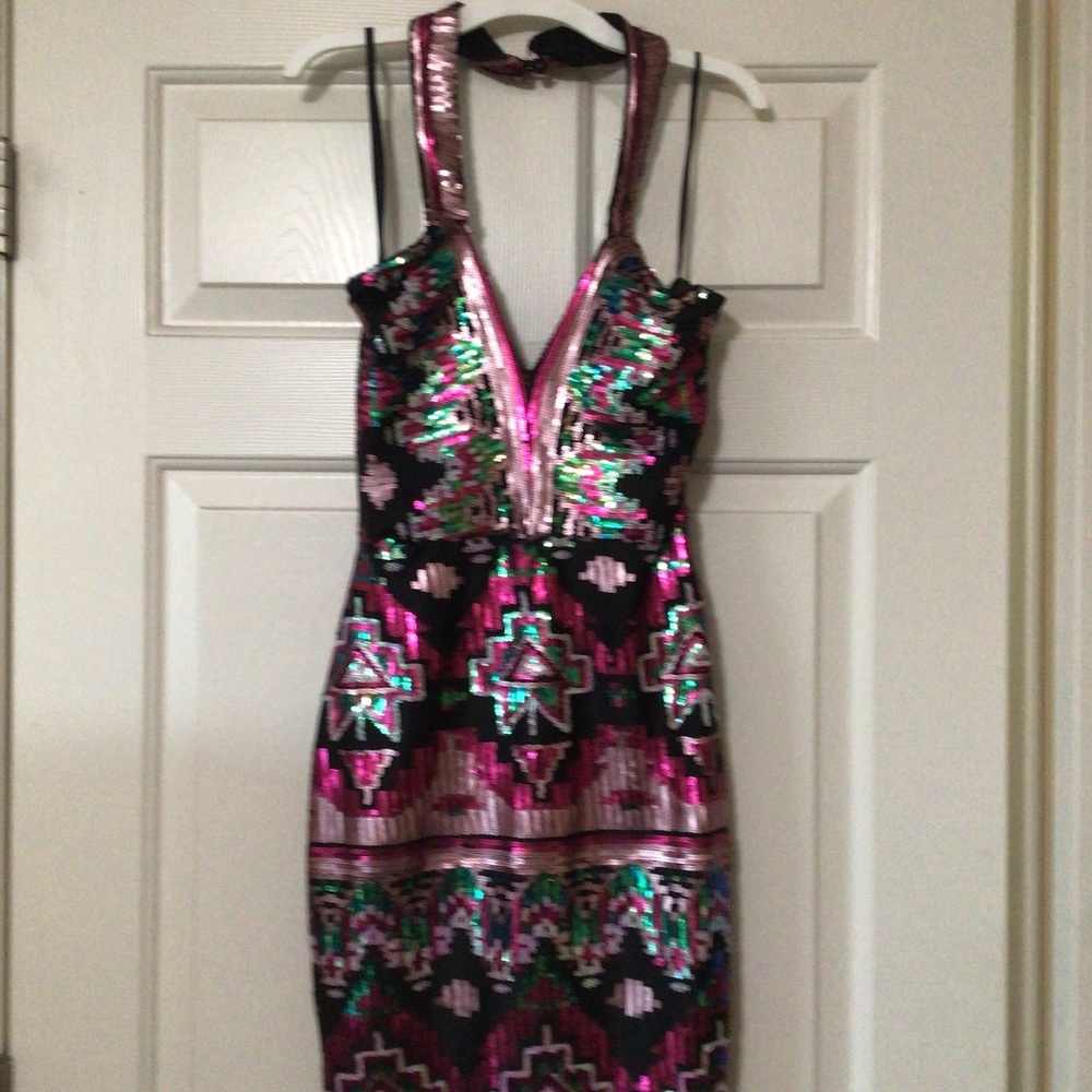 NWT-Sequin Halter Dress with Plunging Neck line